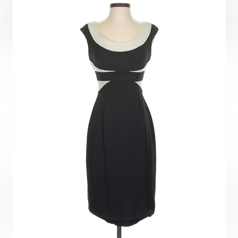 Maggy London Black Midi Sheath Dress with Cream Accents